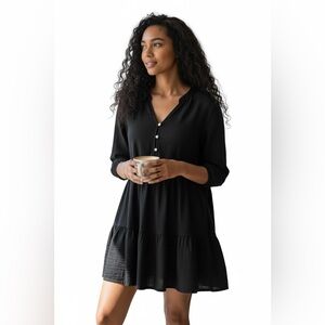 GAP Black Textured Babydoll Tiered Dress Long Sleeve – Size (Large)